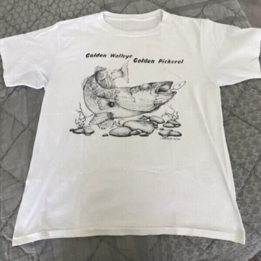 Vintage Single Stitch Logo 7 White T Shirt Size L Full Graphic Fish Design